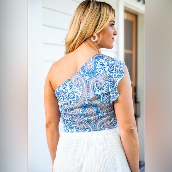 Pink Lily Size Small One Shoulder Top Scenic Outing Blue‎ Paisley Side Zip Tie - Picture 2 of 7